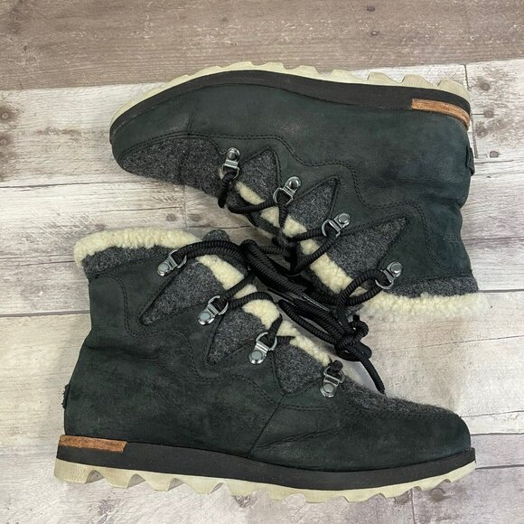 Sorel Sneakchic Alpine Wedge Ankle Boots Bootie Wool Leather Black Size … - Picture 10 of 13